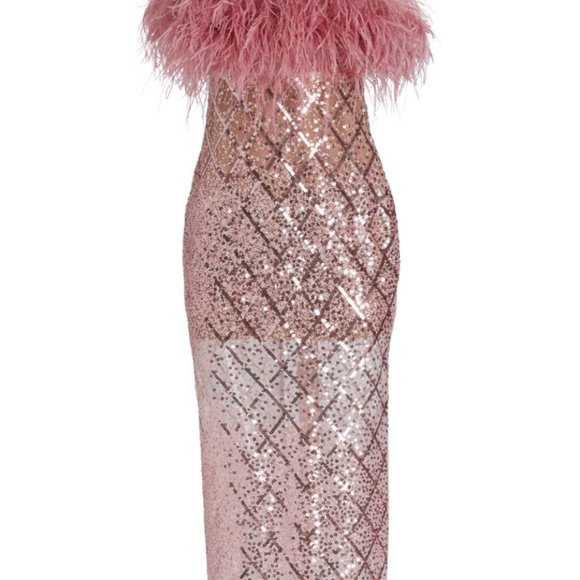 NWT BRONX AND BANCO Coco x Afiya Sequin Ostrich Feather Midi Dress Rose Pink - Picture 3 of 6